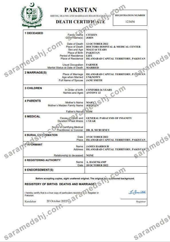 Pakistan death certificate Word and PDF template